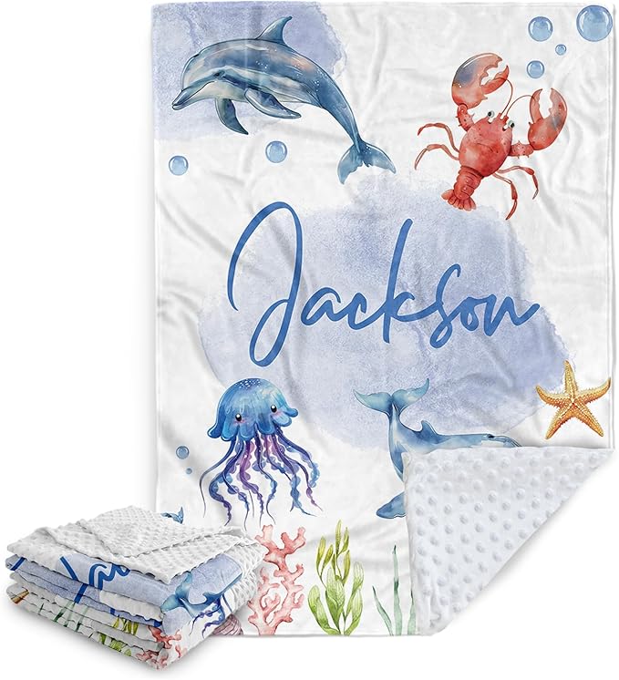 Custom Sea Animals Baby Blanket with Name, Personalized Baby Name Blanket for Toddler Infant, Double Layer Receiving Swaddle, Customized Gifts for Newborn Shower Birthday Expect Mom(47"x60")