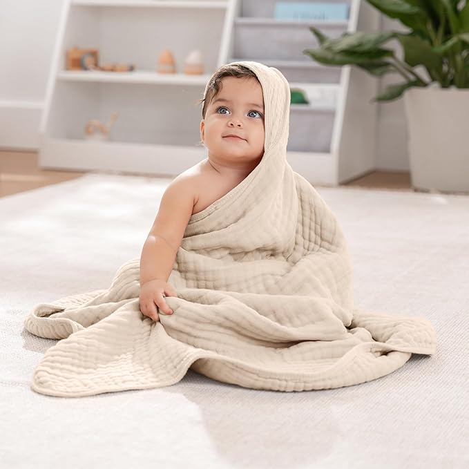 Comfy Cubs Hooded Baby Towel 2-Pack, Large 32 x 32 Inch - 6 Layer 100% Muslin Cotton for Babies, Toddlers, Kids - Soft & Absorbent Baby Bath Towels - Unisex Design for Bath Time, Cedar and Sand