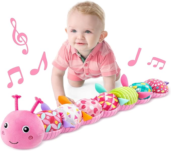 LIGHTDESIRE Baby Toys Musical Caterpillar,Infant Stuffed Animal Toy with Crinkle and Rattles,Soft Sensory Toys with Textures for Tummy Time Newborn Boys Girls 0 3 6 12 Months(Pink)