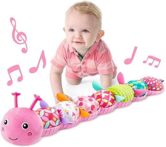 LIGHTDESIRE Baby Toys Musical Caterpillar,Infant Stuffed Animal Toy with Crinkle and Rattles,Soft Sensory Toys with Textures for Tummy Time Newborn Boys Girls 0 3 6 12 Months(Pink)