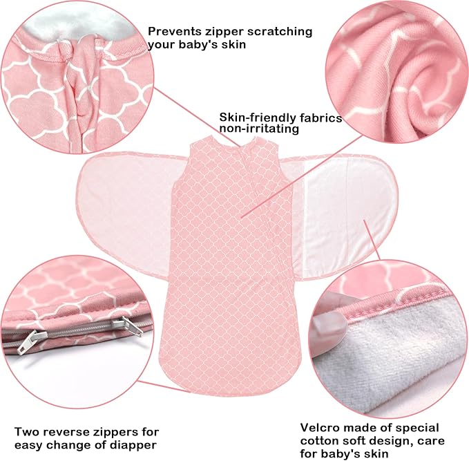 Baby Swaddle,Sleep Sack 3-6 Months,3-Way Adjustable Wearable Transition Blanket Boy and Girl,100% Cotton,TOG 1.0 (Pink, Medium（3-6 Months）)