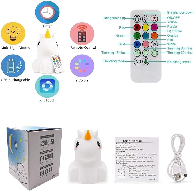 Night Light, Big Size Night Light for Kids, Bedside Multicolor Lamp for Children, Remote&Touch Control, Break Resistant, Adjustable Brightness & Color, Timing Function - Large Unicorn