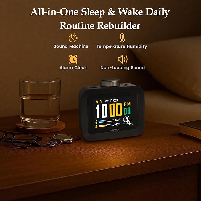 Dekala AuraDot White Noise Sound Machine for Sleep Temperature Humidity Monitor, 30 Non-Loop Soothing Sounds, Timer/Play All Night, Animationed Sleep Screen, 7-Day Programmable 4 Alarm Clock Black