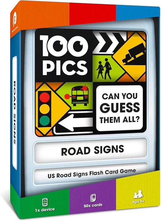 100 PICS US Road Signs Travel Game - Learn 100 Road Signs | Flash Cards with Slide Reveal Case | Card Game, Gift, Stocking Stuffer | Hours of Fun for Kids and Adults | Ages 6+