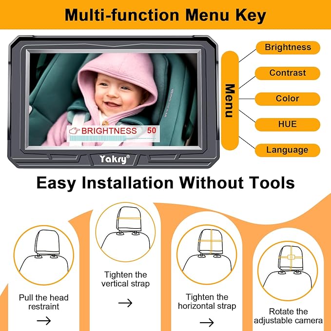 Yakry Baby Car Camera for Backseat - HD 1080P, 170° Wide Angle, Night Vision, 360° Rotation, Safe for Babies, Easy Install, Rear-Facing Baby Car Mirror for Parents Y60