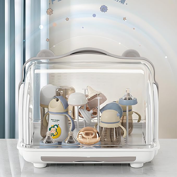 Baby Bottle Drying Rack Storage, Nursing Bottle Storage Box Organizer with Cover, Portable Kitchen Cabinet Organizer, Durable countertop Dryer (Grey)