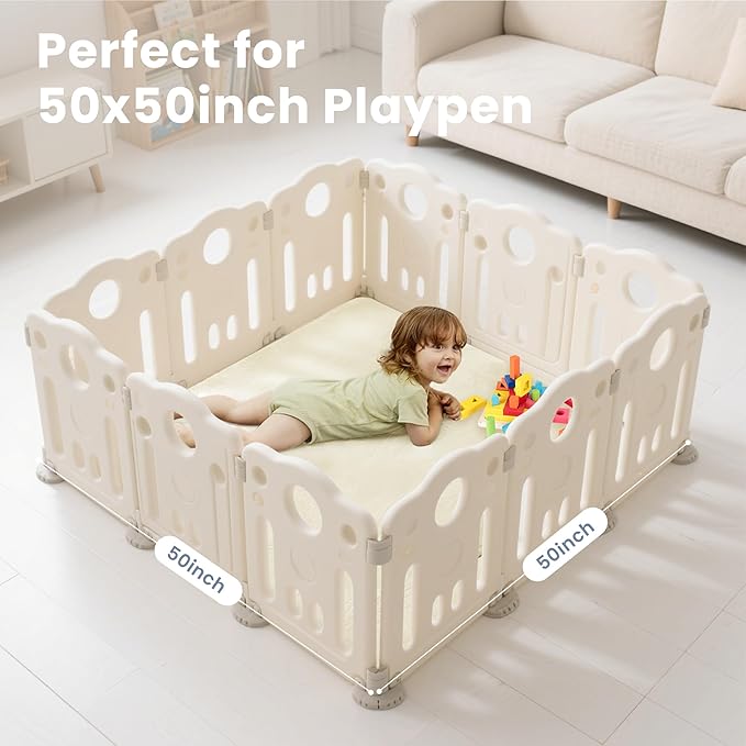 ACOMOPACK 1.3" Thick Baby Play Mat for Floor 50x50"-Memory Foam Water-Repellent Playpen Mat for Tummy Time,Non-Slip Soft Velvet Nursery Rug for Kids,Toddlers,Infants Crawling（Beige）