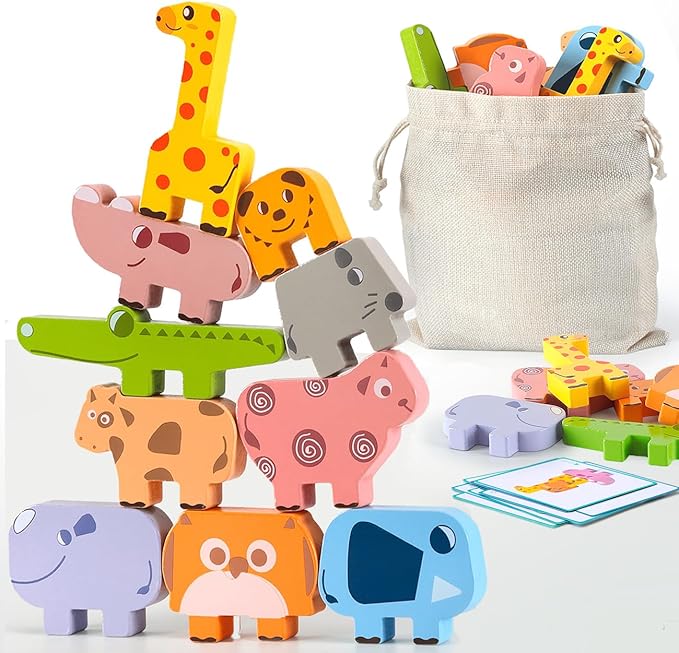 Montessori Toys for 2 3 4 Year Old Boys & Girls, Wooden Animal Stacking Blocks for Toddlers 1-3 – Building Blocks Game Stacking & Sorting Toys Ages 2-4 Toddler Birthday Gifts