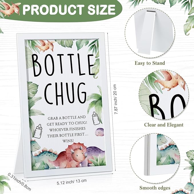 Roowest Bottle Chug Baby Shower Game Favors Including Dinosaur Theme Wooden Sign and 18 Pcs Baby Bottles for Gender Reveal Party Supplies