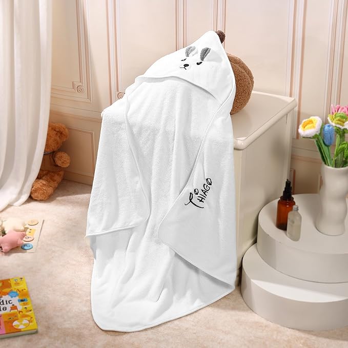 Personalized Baby Towels for Newborn Custom Embroidery Name Hooded Baby Bath Towels for Boy Girl Newborn Essentials Must Haves Shower Gift Soft Coral Velvet 30"x30" (White)