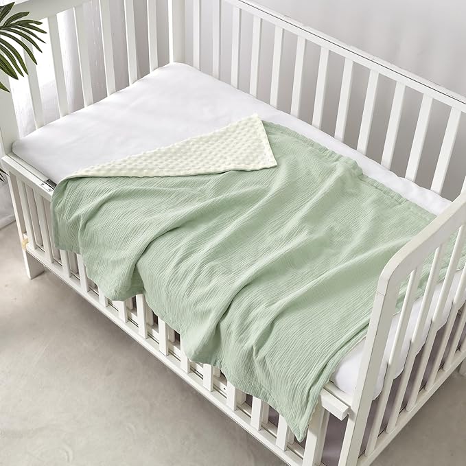 CREVENT 30''X40'' Organic Muslin Cotton Baby Blanket for Newborns, Soft Mink Backing, Essential for Baby Shower Birthday Gift - Green 75X100cm