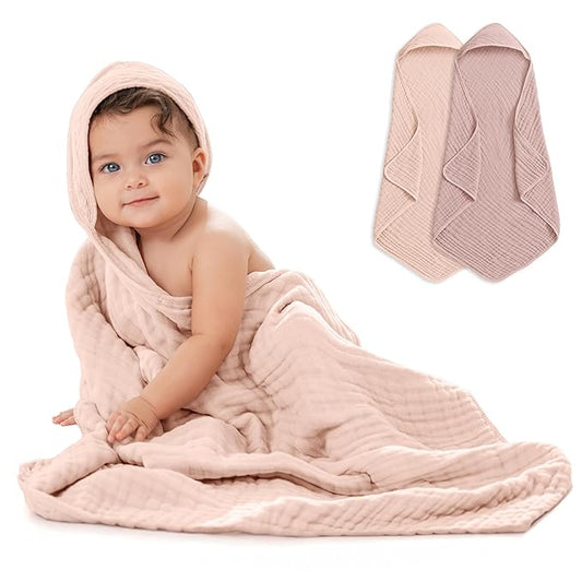 Comfy Cubs Hooded Baby Towel 2-Pack, Large 32 x 32 Inch - 6 Layer 100% Muslin Cotton for Babies, Toddlers, Kids - Soft & Absorbent Baby Bath Towels - Unisex Design for Bath Time, Mauve and Blush