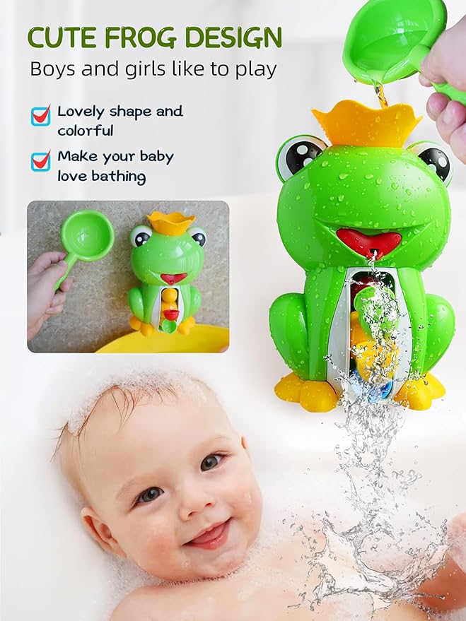 Baby Bath Toy with Suction Cups, Cute Frog Waterfall Bathtub Toy with Spinning Waterwheel, Interactive Toddler Bathtub Toy for Boys and Girls Gifts Ages 1-3