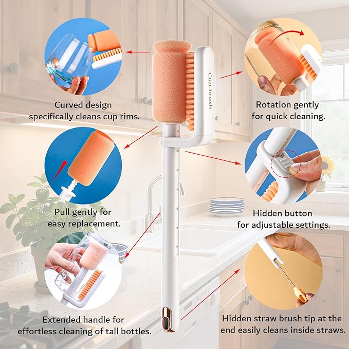 Bottle Brush Cleaner, 3-in-1 Water Bottle Cleaner Brush Straw Nipple Bottle Cleaner Brush Set Long Handle Bottle Cleaning Brush for Washing Tumblers, Sport Bottles, Cup Lid Cleaning Brush White