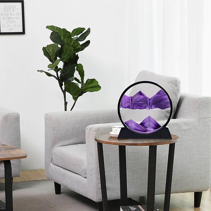Moving Sand Art Liquid Motion, 3D Deep Sea Sandscape Color Quicksand Decor, Round Glass Moving Sand Art Picture Relaxing Desktop Home Office Work Decor (Purple, 12 inch)