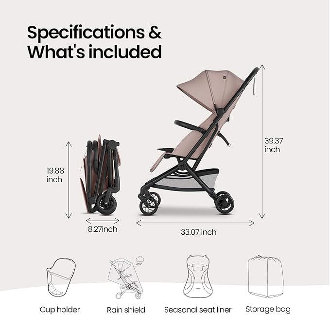 Mompush Velo Lightweight Travel Stroller, Compact & Airplane-Friendly for Baby and Toddler, Lie-Flat Seat, One-Hand Fold, with Leather Bumper Bar, Shoulder Strap, Raincover, Storage Bag & Cup Holder