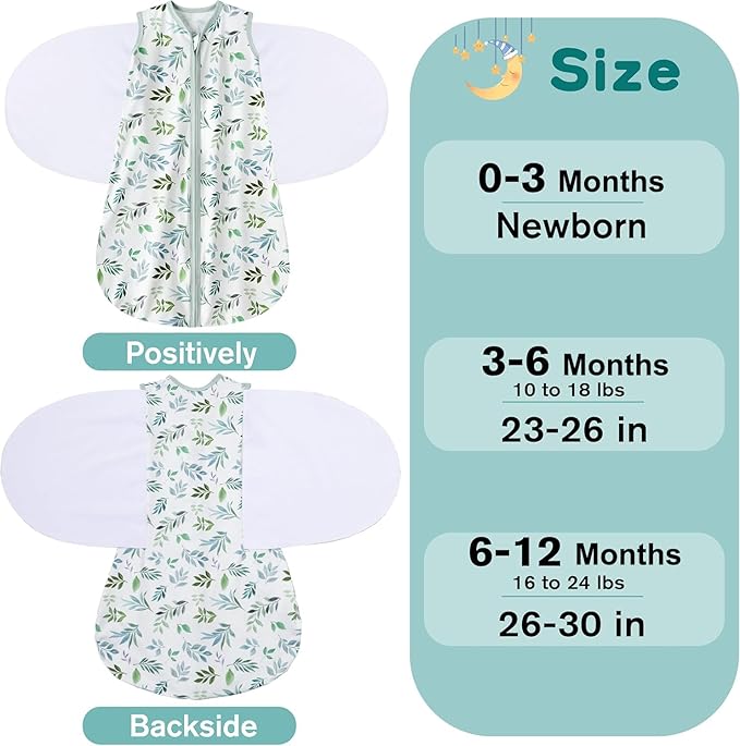Newborn Sleep Sack Baby Swaddle,6-12 Months,3-Way Adjustable Wearable Blanket,100% Rayon Cotton Swaddling Sleeping Bag，TOG 0.5（Banana&Leaf）