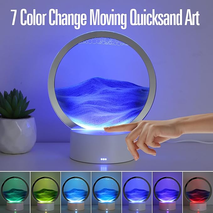 Moving Sand Art Liquid Motion, 3D Deep Sea Sandscape Color Quicksand Decor, Round Glass Moving Sand Art Picture Relaxing Desktop Home Office Work Decor (Blue, 6 inch)
