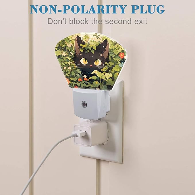 Cute Black Cat in Grass Night Light for Kids Girls Boys, Black Cat LED Night Light Plug into Wall with Dusk to Dawn Sensor for Bedroom, Hallway, Kitchen, Bathroom, Stairs Decor