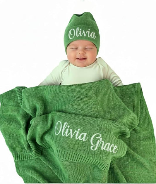 Luxury Personalized Name Knitted Baby Blanket -Embroidered, Soft Breathable Cotton Knit for Newborns - Valentine's Gift for New Moms Baby Boy Girl Birthday Christmas.