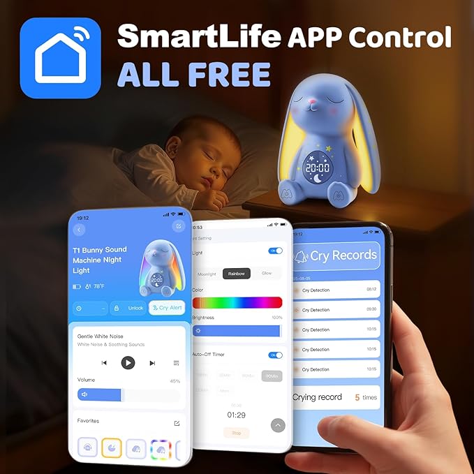 2025 Mom's Choice Awards | White Noise Sound Machine Baby - AI Cry Detection, Night Light, 100 Soothing Sounds, App Control, 150% Battery Life, 50% Faster Sleep, Baby Essentials