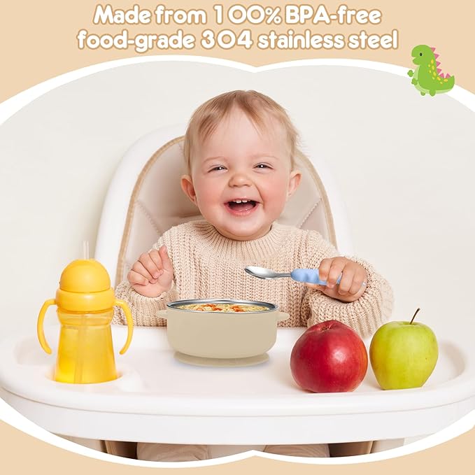 2 Pack Stainless Steel Baby Bowls with Removable Non-Slip Silicone Suction Shell, Anti Scald Food Container for Baby Food Feeding-Blue & Cream