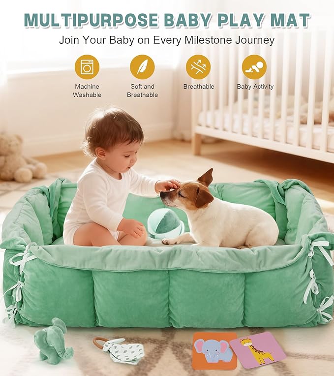 5-in-1 Baby Play Gym and Tummy Time Mat, Tummy Time Pillow & 12 Learning Cards, Plush Activity Mat with 6 Toys, Baby Gym, Convertible to Ball Pit & Pet Bed, Baby Gift, Sage Green