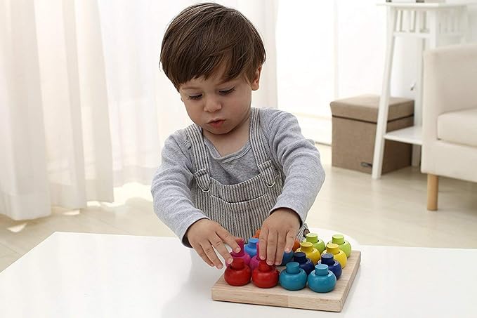 Wooden Color Sorting Stacking Rings Board Educational Learning Counting Toys Puzzle Games for 1 Year Old Preschool Kids Children Gift