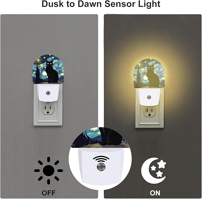 Starry Night Black Cat Night Light Plug into Wall, Impressionist Oil Painting Dusk to Dawn Night Light Plug in,0.5w Energy Saving Sleep Friendly NightLight for Kids Boys Girls Home Decor