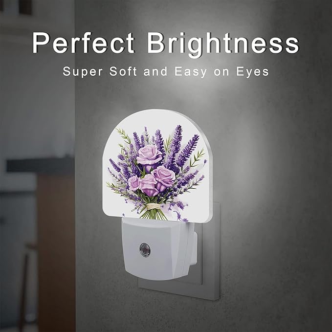 Purple Lavender Louquet Night Light Plug into Wall,Watercolor Blooming Lavender Floral Dusk to Dawn Night Light Plug in,0.5w Energy Saving Sleep Friendly NightLight for Kids Boys Girls Home Decor