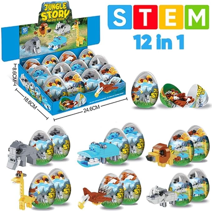 Wild Safari Toys - 12 Surprise Animal Eggs Standard Size Building Blocks STEM Toys - Educational Kids 3D Puzzle Party Favors
