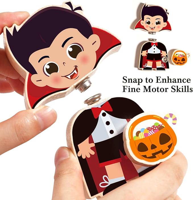 HUZU Halloween Snap Together Dress Up Building Blocks Toys, Witch Vampire Skeleton Pumpkin Take Apart Characters, 3 4 5 6 7 8 Years Old Kids Wooden Puzzle, STEM Fine Motor Skill Halloween Party Gift