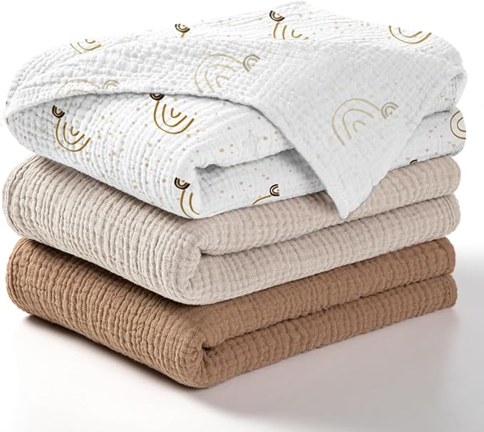 lulumoon Baby Muslin Swaddle Blankets: Soft Receiving Blanket for Newborn - Cotton Swaddling Blanket for Neutral 3Pack(Rainbow Brown)
