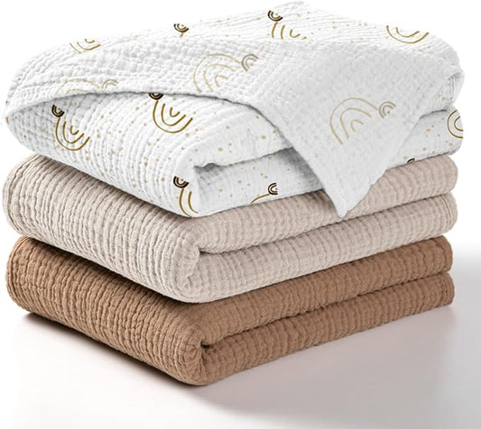 lulumoon Baby Muslin Swaddle Blankets: Soft Receiving Blanket for Newborn - Cotton Swaddling Blanket for Neutral 3Pack(Rainbow Brown)