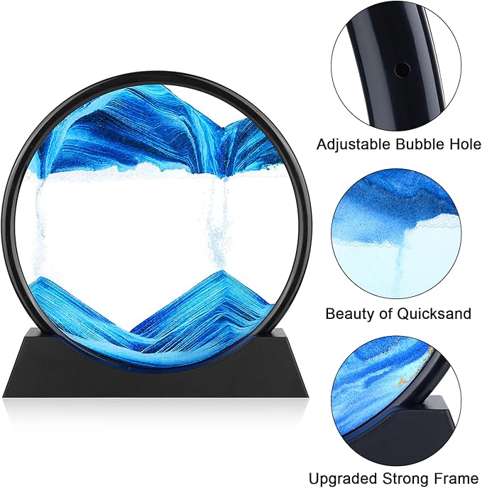 Moving Sand Art Picture - 3D Quicksand Painting Decor - Round Glass 3D Deep Sea Sandscape - Relaxing Home Decoration Desk Toys for Home Office Desk Mantle Bookshelf- (Blue, 7 in)