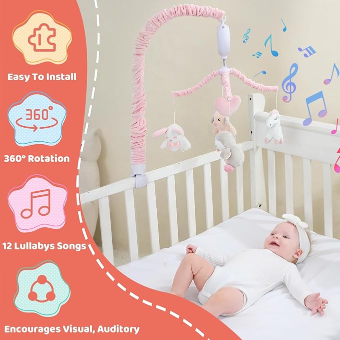 JOLLITO Crib Mobile for Girls, Soft Pink Musical Baby Crib Mobile with 12 Lullabies, Rotating Arm and Detachable Plush Animal Toys, Nursery Decor Baby Mobile for Crib Toys Bassinet