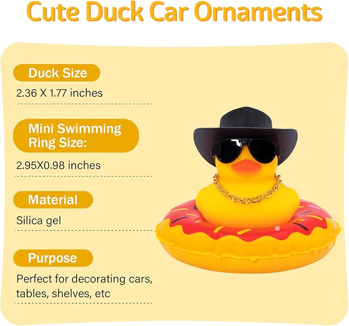 wonuu Car Rubber Duck, Yellow Duck Decoration Dashboard with Sun Hat Swim Ring Necklace Sunglasses for Car Dashboard Decorations