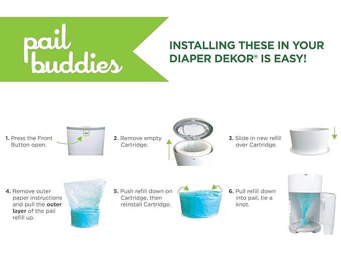Pail Buddies Diaper Pail Refills | 6 Count | Compatible with Dekor Classic Diaper Pail | Strong, Durable Diaper Pail Refills with Fresh, Baby Powder Scent