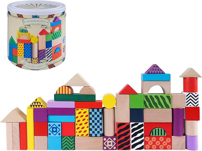 50 Pcs Wooden Building Blocks Set with Storage Bucket, Montessori Stacking Blocks & Shape Sorting Toys for Toddlers, Preschool Learning Toys for Boys & Girls, Kids Brightly Colored Blocks