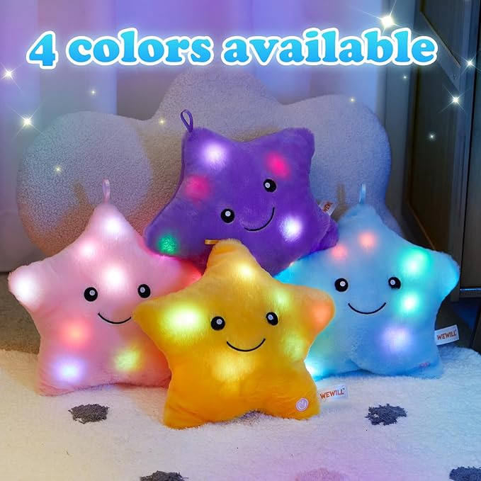 WEWILL 9'' LED Twinkle Star Soft Plush Pillow Toys Glowing Stuffed Star Light up Pillow Plush with Colorful Night Lights Birthday Gift for Toddler Kids(Blue)