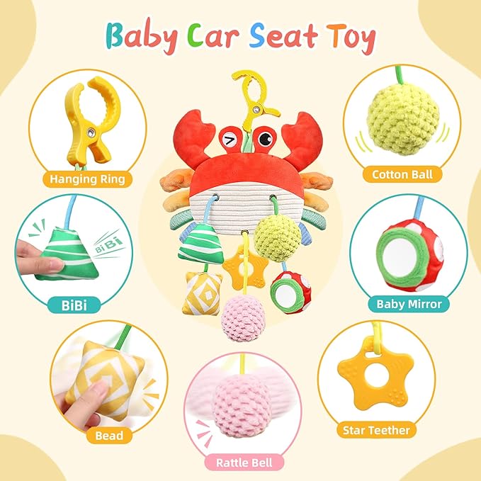 Car Seat Toys for Babies 0-6 Months, Stroller Hanging Toys for Babies 3-6 Months, Crinkle Rattle Mirror Crib Carseat Toy for Infants 6-12 Month, Gifts for Baby Boys Girls Newborns