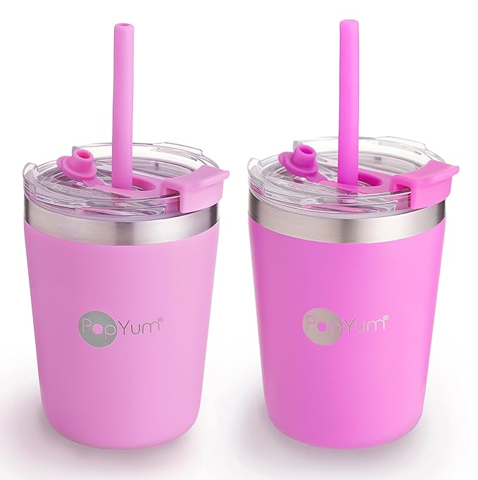 PopYum 9oz Insulated Stainless Steel Kids’ Cups with Lid and Straw, 2-Pack, Purple, Pink, stackable, sippy, baby, child, toddler, tumbler, double wall, vacuum, leak proof