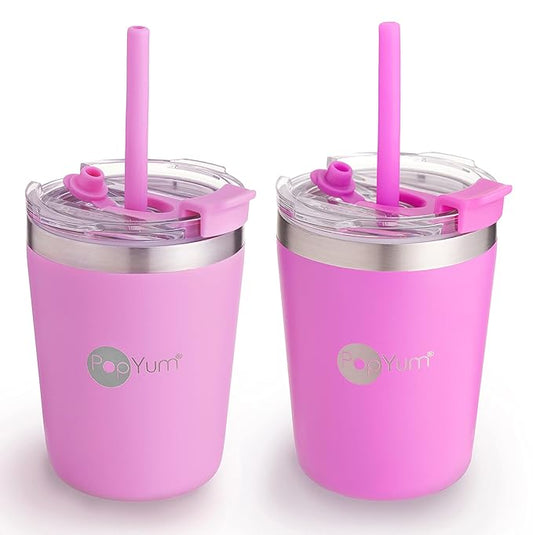 PopYum 9oz Insulated Stainless Steel Kids’ Cups with Lid and Straw, 2-Pack, Purple, Pink, stackable, sippy, baby, child, toddler, tumbler, double wall, vacuum, leak proof