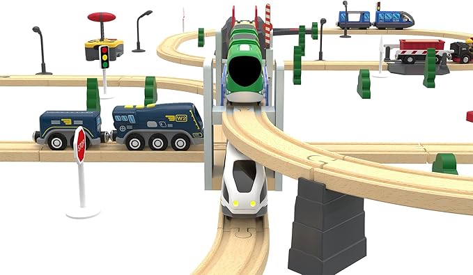 Z MAYABBO Wooden Train Set Accessories Wood Railway Bridge for Railroad Tracks, 2-Level Overpass Compatible for All Railway Tracks System