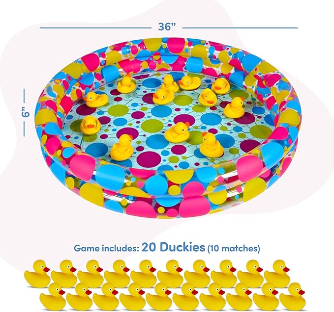 Gamie Duck Pond Matching Carnival Game for Kids, 36" x 6" Inflatable Pool & 20 Plastic Ducks with Numbers, Water Outdoor Game for Kids, Fun Memory Game for Backyard, Birthday Party Field Day Games
