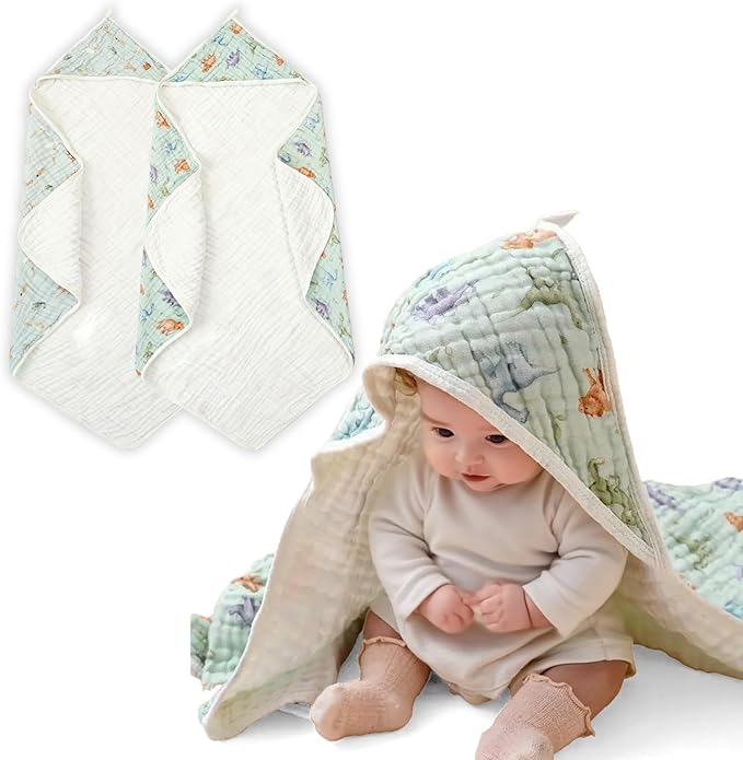 Muslin Hooded Baby Towels,2 Pack Baby Bath Towels,Large 31.5x31.5Inch,Hooded Towels for Baby and Infant,Soft&Absorbent(Elephants and Dinosaurs)