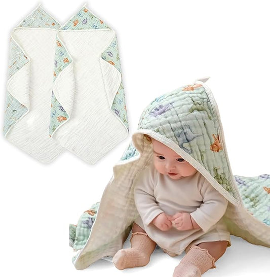 Muslin Hooded Baby Towels,2 Pack Baby Bath Towels,Large 31.5x31.5Inch,Hooded Towels for Baby and Infant,Soft&Absorbent(Elephants and Dinosaurs)