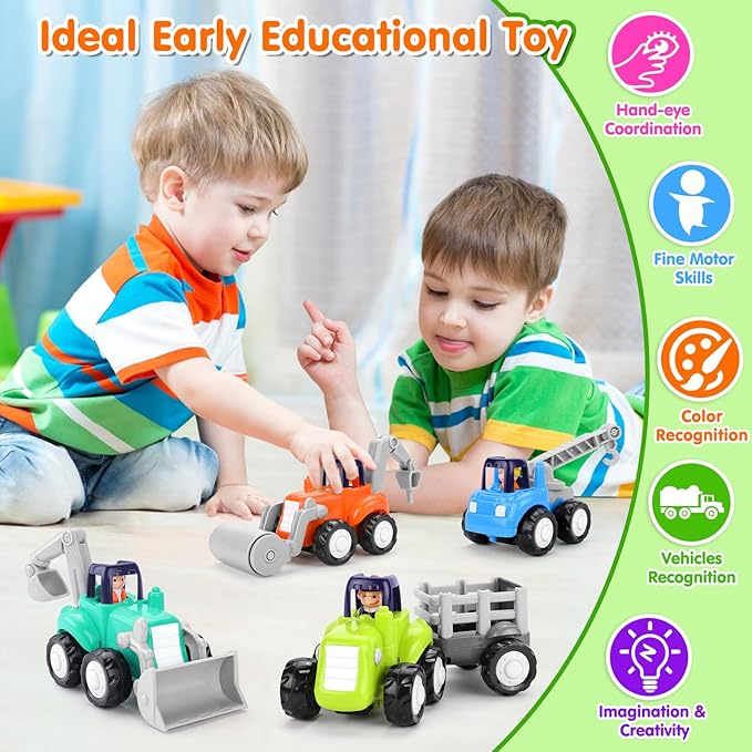 Inertia Trucks Toy Cars, Early Educational Baby Boy Toys 18 Months, Push and Go Cars Gifts for Boys & Grils, 4PCS Construction Vehicles for Toddler Outdoor & Indoor