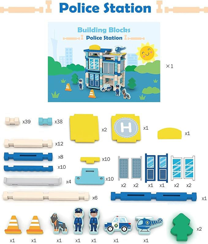 162PCS Wooden Building Blocks Set for Toddlers, Construction City Stacking Toys, Preschool Learning Educational Toys for Kids 3+ Years Girls and Boys (Police Station)