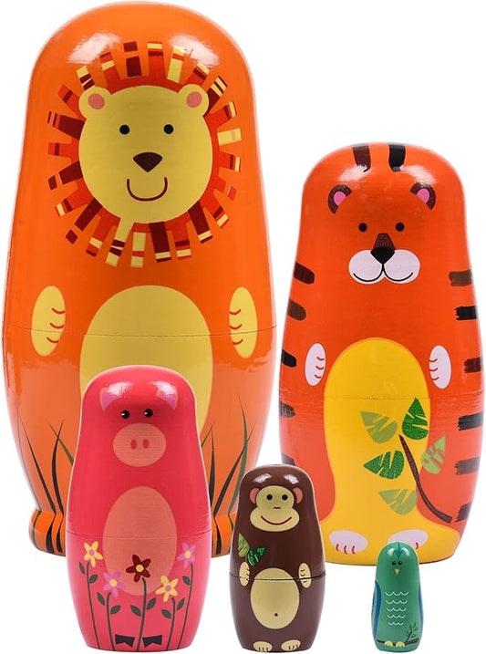Russian Nesting Dolls, 5 Pcs 6 "Tall Animal Nesting Easter Eggs Toys, Stacking Wooden Handmade Matryoshka Dolls for Kids Toddlers Birthday or Home Decoration Gift (Round Lion)
